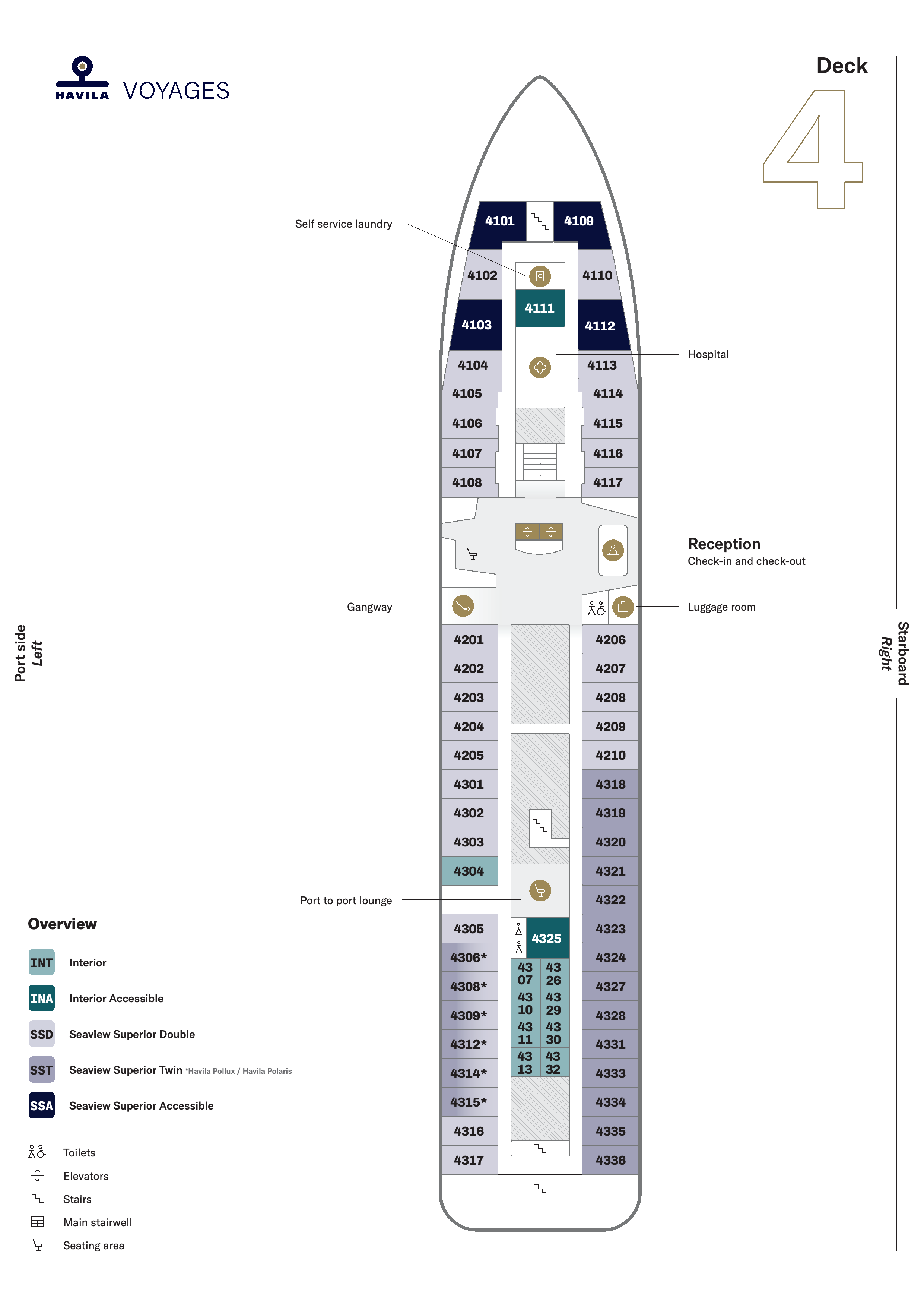 Havila Pollux, Deck 4: official cabin and venue layout
