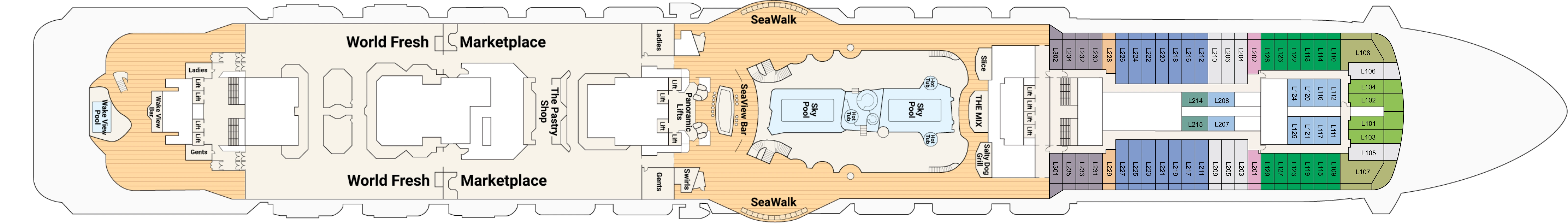 Sky Princess, Deck 16: official cabin and venue layout