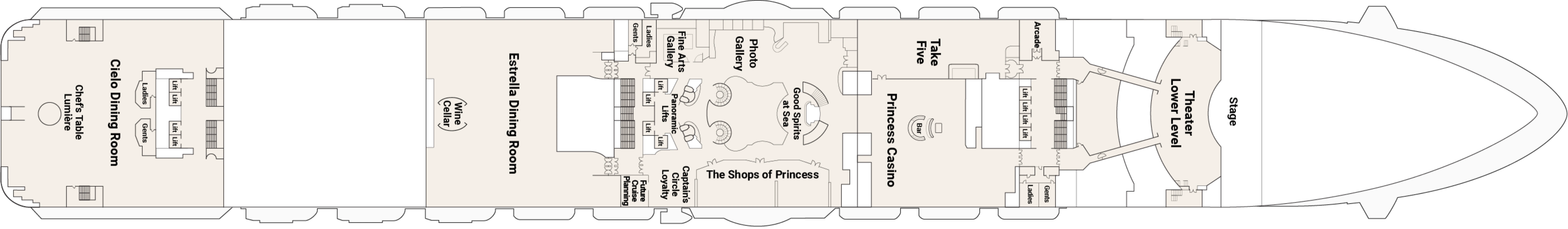Sky Princess, Deck 6: official cabin and venue layout