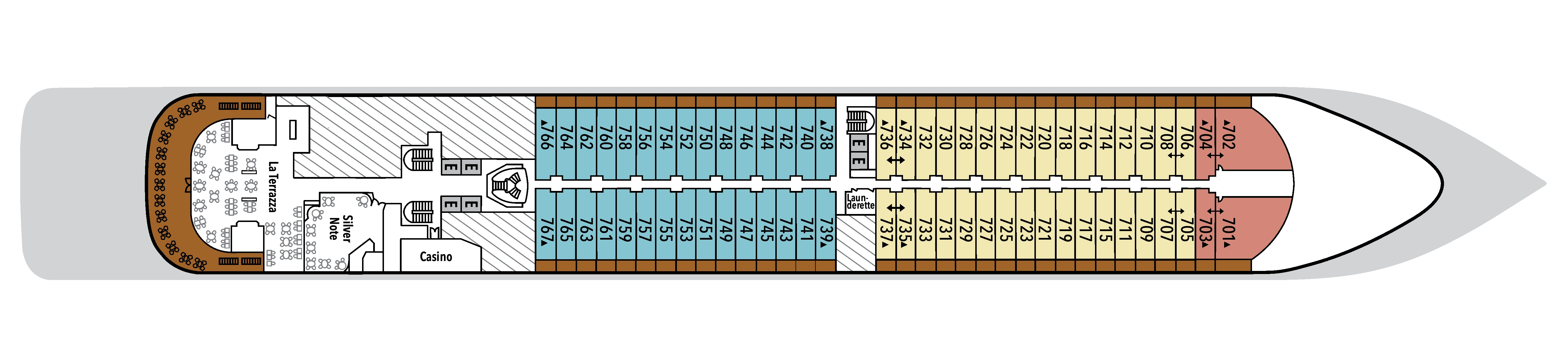 Silver Dawn, Deck 7: official cabin and venue layout