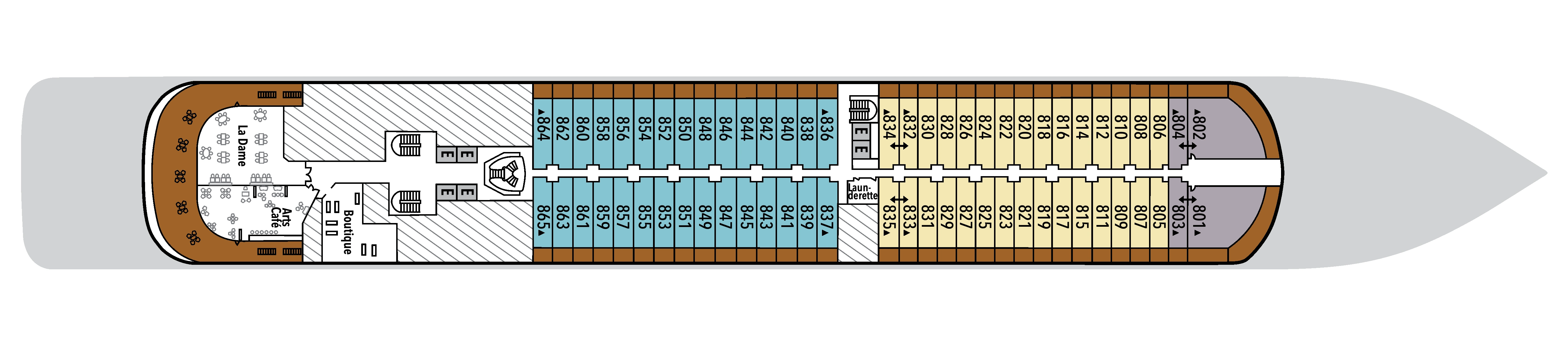 Silver Dawn, Deck 8: official cabin and venue layout