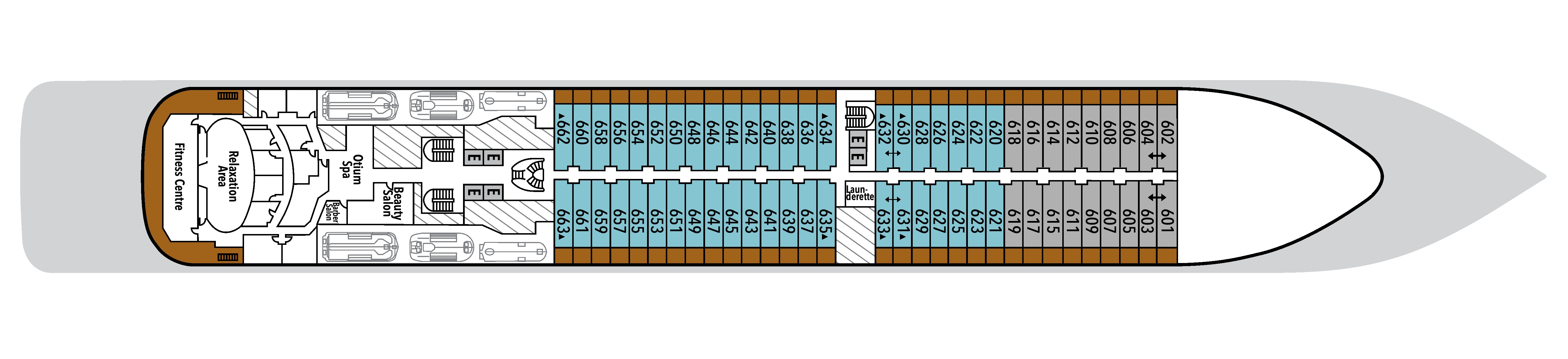 Silver Dawn, Deck 6: official cabin and venue layout