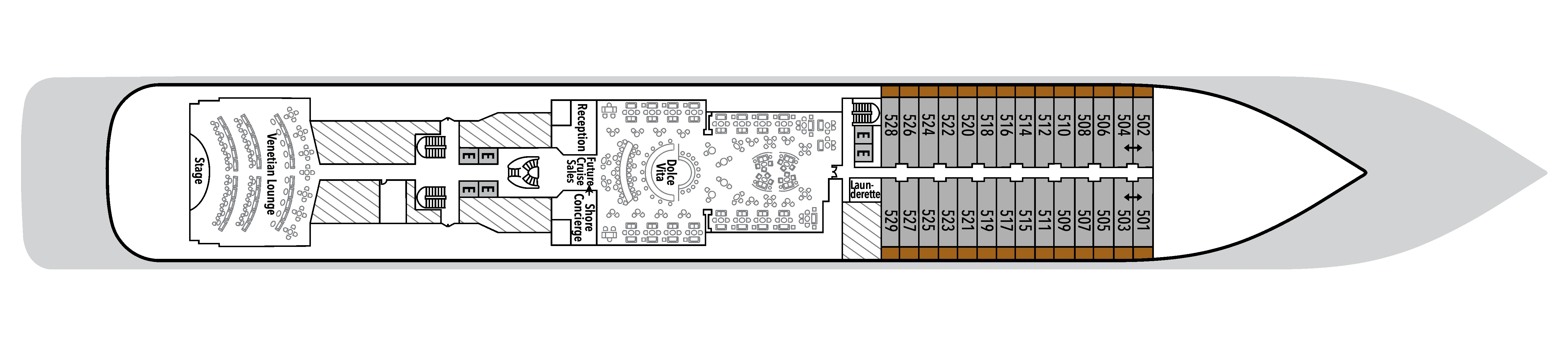Silver Dawn, Deck 5: official cabin and venue layout
