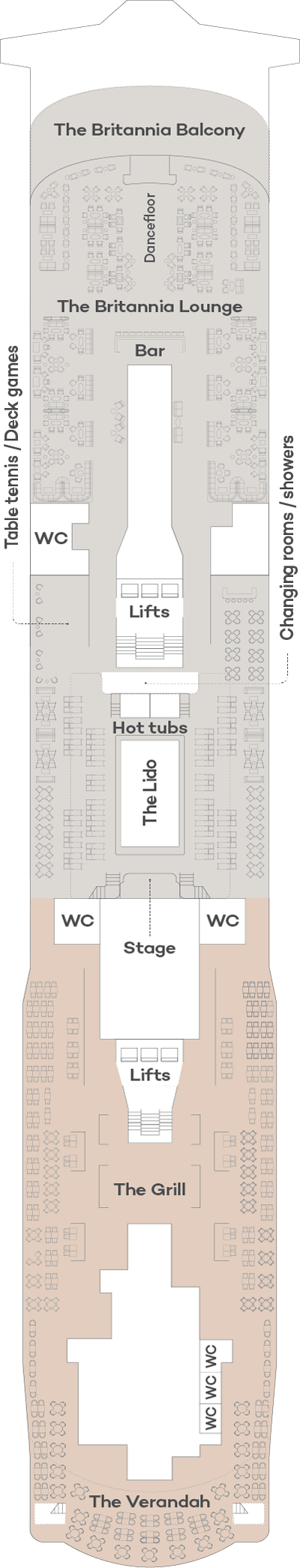 Spirit of Adventure, Deck 12: official cabin and venue layout