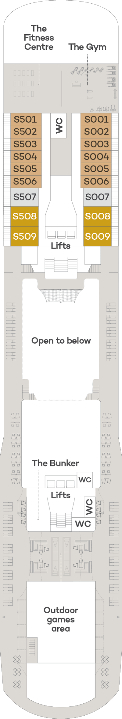 Spirit of Adventure, Deck 13: official cabin and venue layout