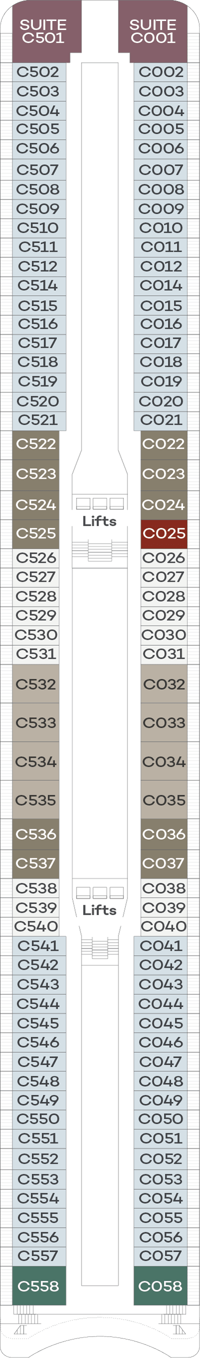 Spirit of Adventure, Deck 9: official cabin and venue layout