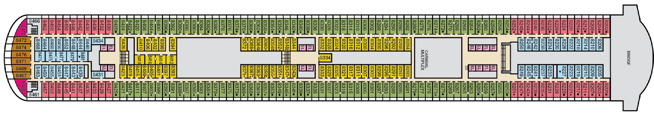 Carnival Vista, Deck 8: official cabin and venue layout