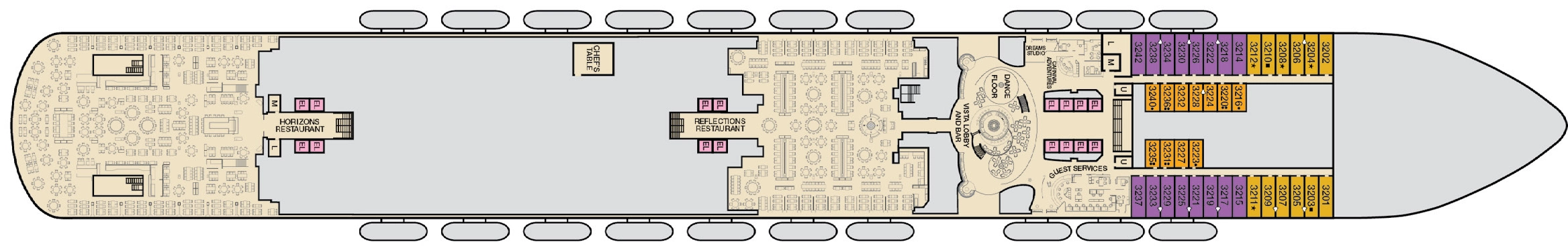 Carnival Vista, Deck 3: official cabin and venue layout
