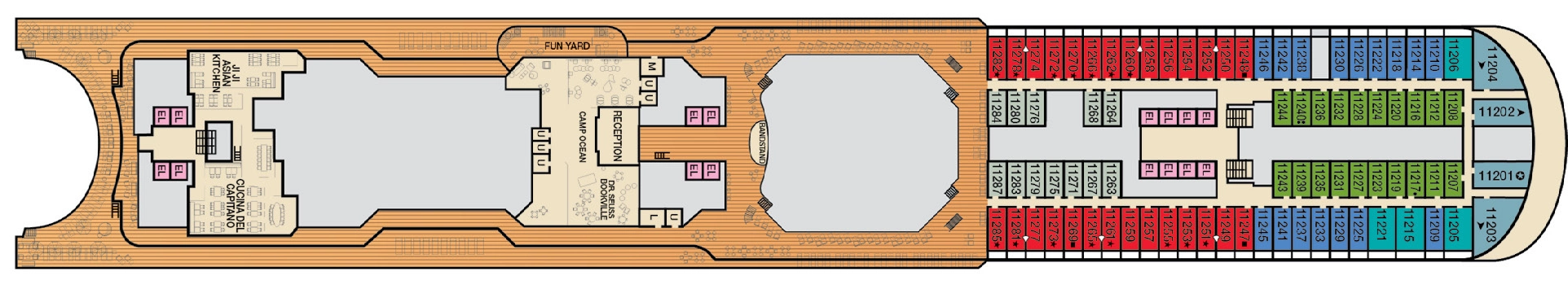 Carnival Vista, Deck 11: official cabin and venue layout