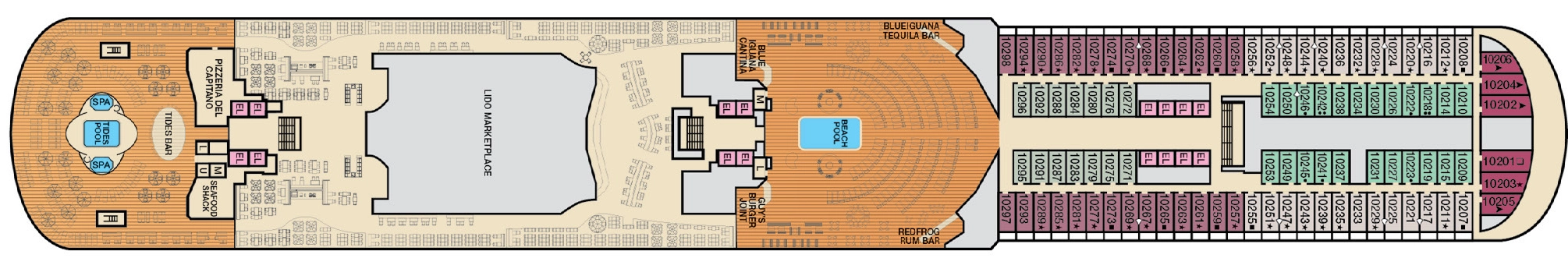 Carnival Vista, Deck 10: official cabin and venue layout
