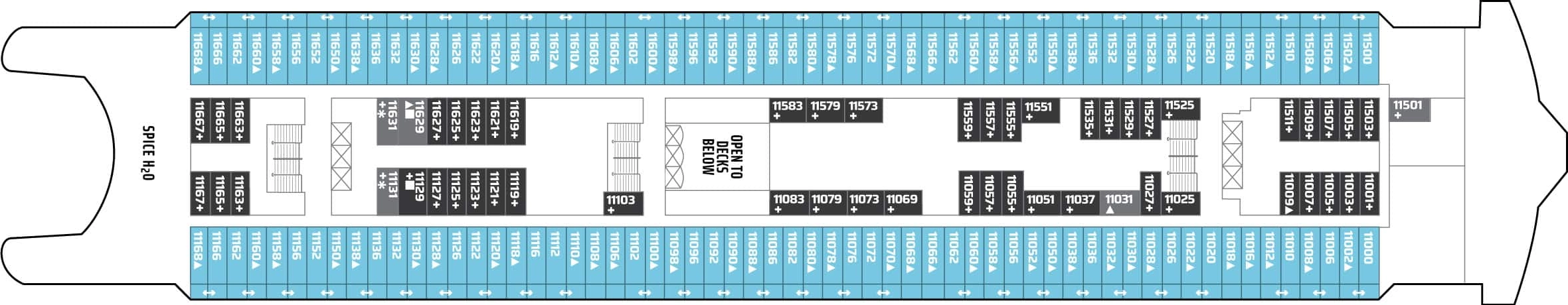 Norwegian Spirit, Deck 11: official cabin and venue layout
