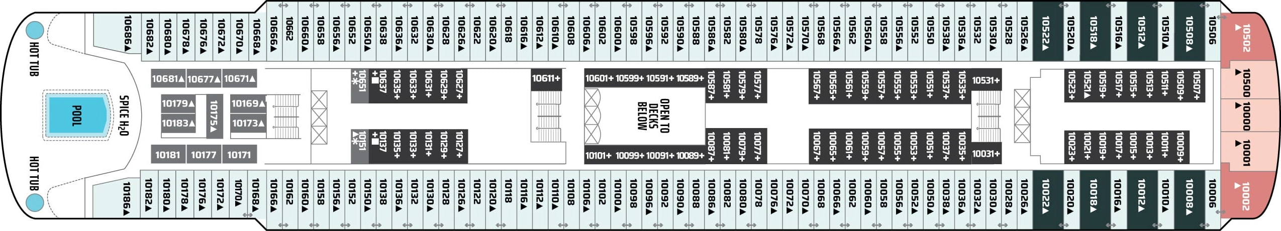 Norwegian Spirit, Deck 10: official cabin and venue layout