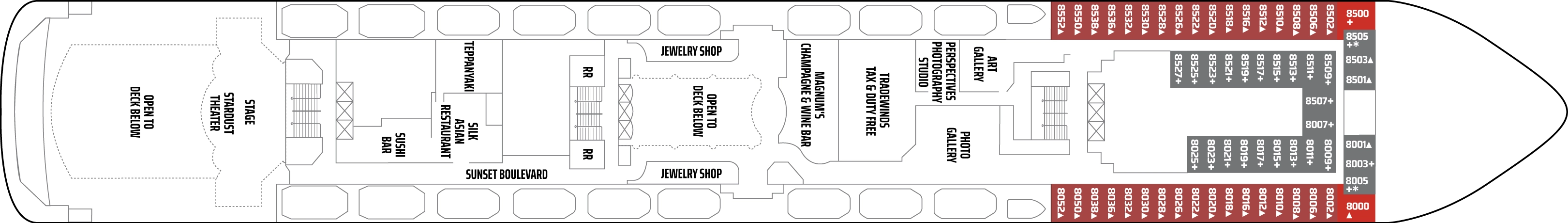 Norwegian Spirit, Deck 8: official cabin and venue layout