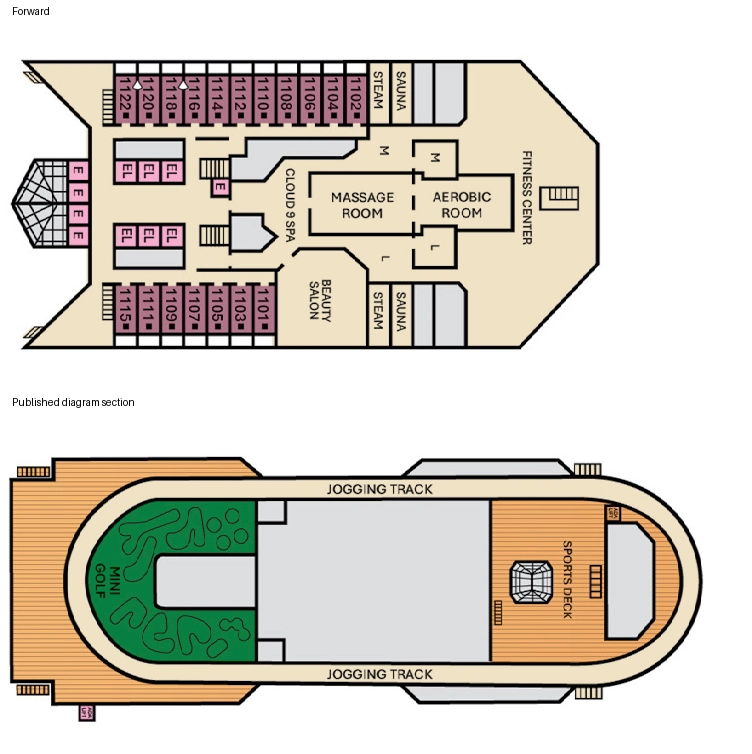 Carnival Freedom, Deck 11: official cabin and venue layout