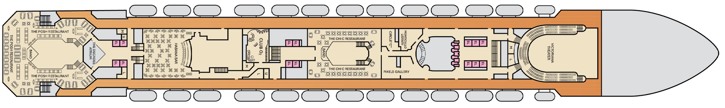 Carnival Freedom, Deck 4: official cabin and venue layout