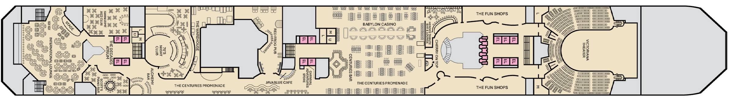 Carnival Freedom, Deck 5: official cabin and venue layout