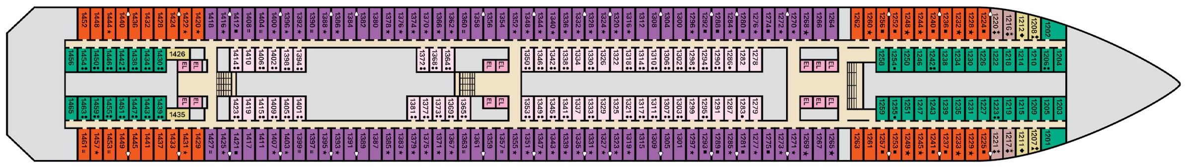 Carnival Freedom, Deck 1: official cabin and venue layout