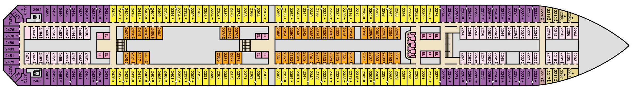 Carnival Freedom, Deck 2: official cabin and venue layout