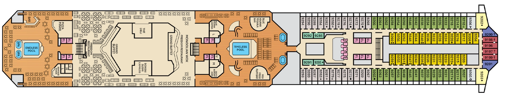 Carnival Freedom, Deck 9: official cabin and venue layout