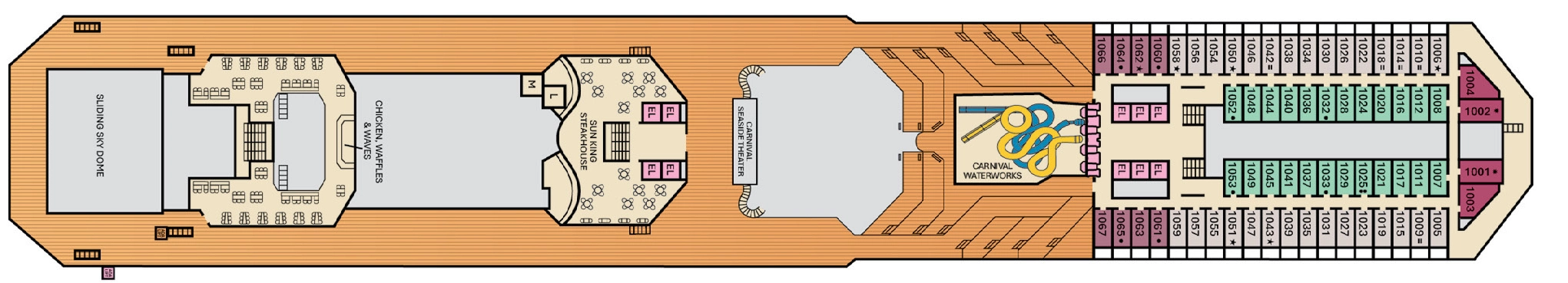Carnival Freedom, Deck 10: official cabin and venue layout