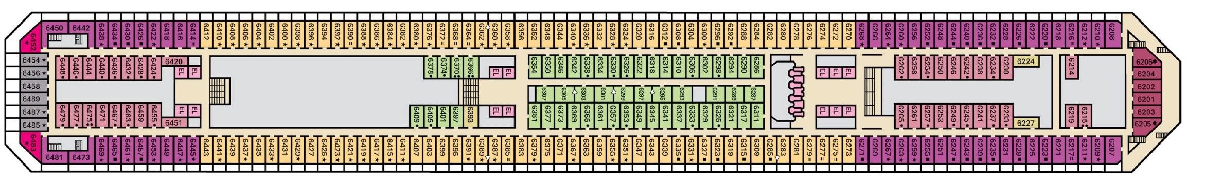 Carnival Freedom, Deck 6: official cabin and venue layout