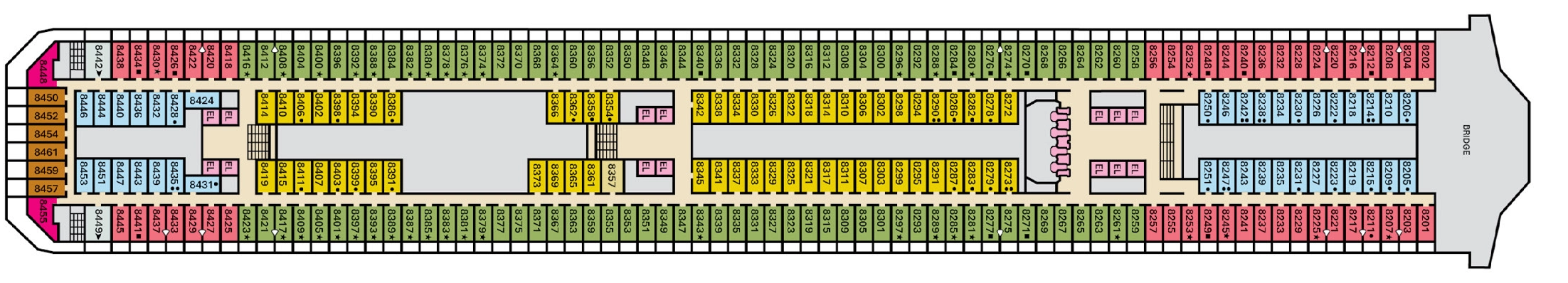 Carnival Freedom, Deck 8: official cabin and venue layout