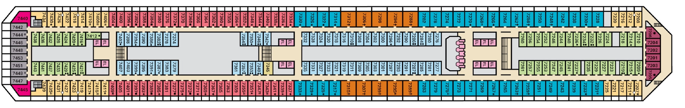 Carnival Freedom, Deck 7: official cabin and venue layout