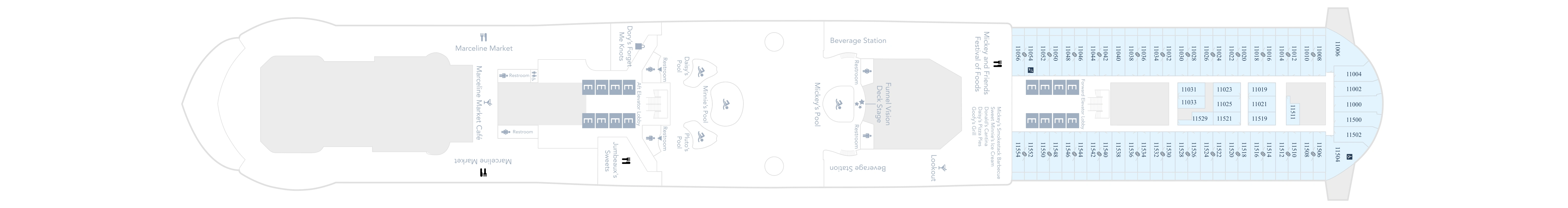 Disney Treasure, Deck 11: official cabin and venue layout