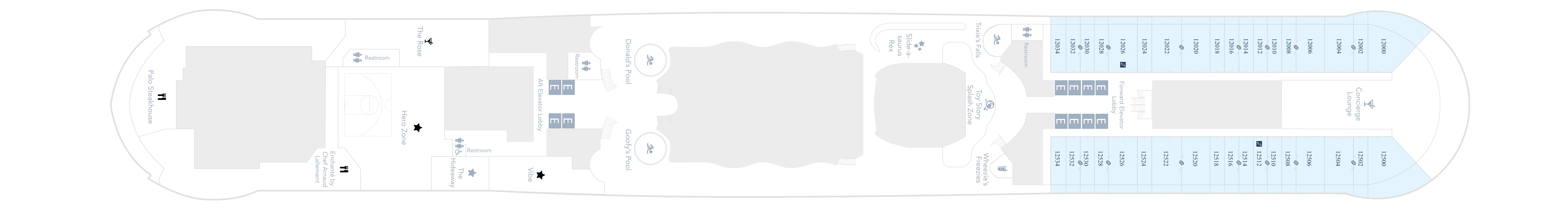Disney Treasure, Deck 12: official cabin and venue layout
