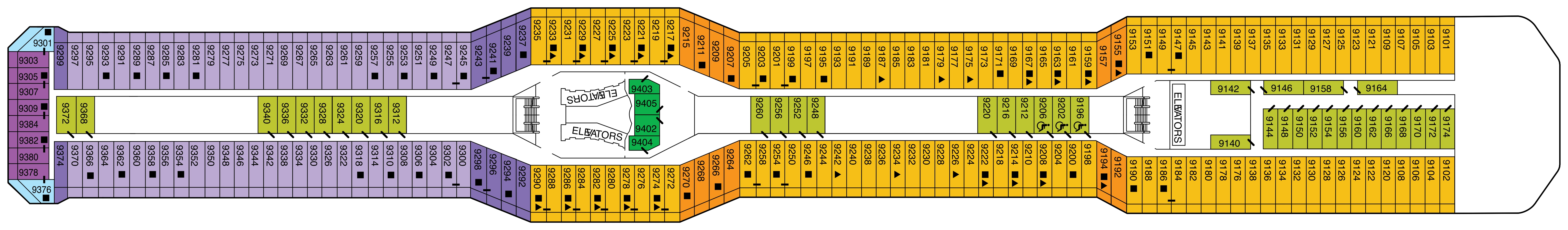 Celebrity Silhouette, Deck 9: official cabin and venue layout