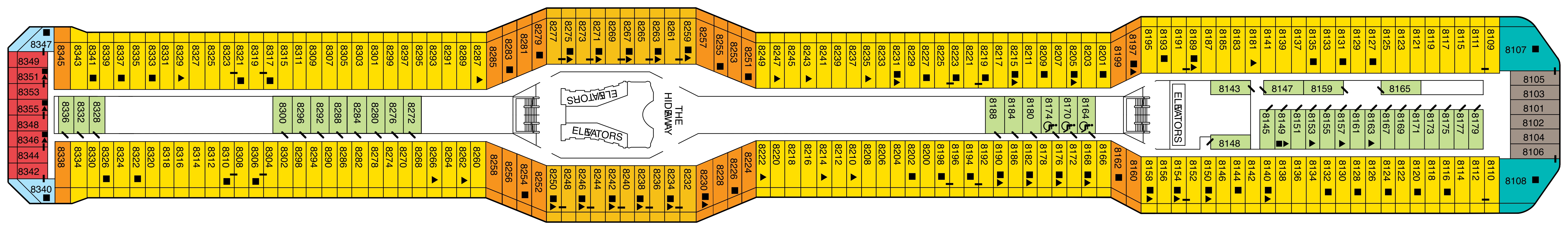 Celebrity Silhouette, Deck 8: official cabin and venue layout