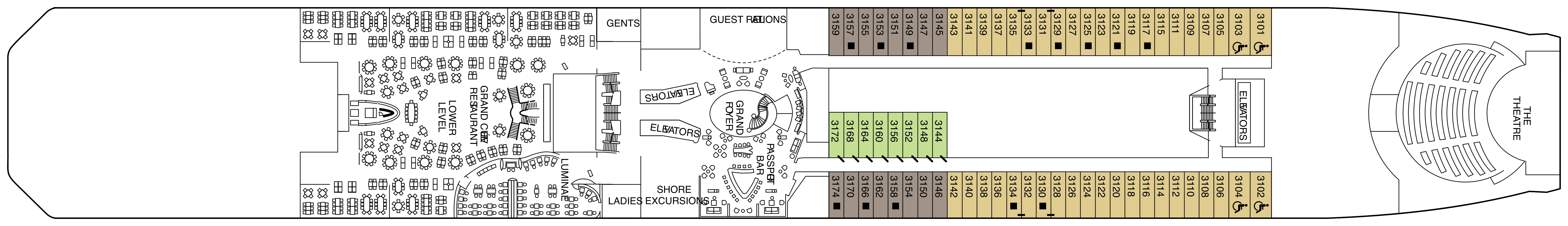 Celebrity Silhouette, Deck 3: official cabin and venue layout
