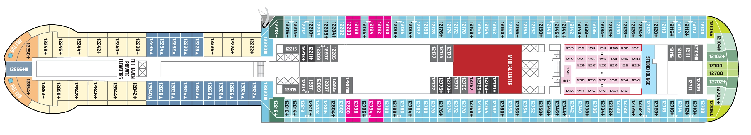 Norwegian Luna, Deck 12: official cabin and venue layout