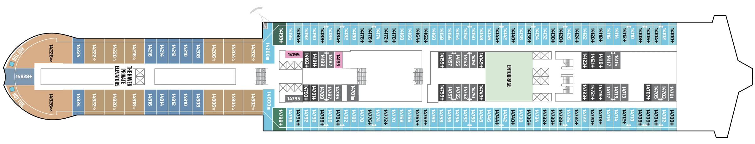 Norwegian Luna, Deck 14: official cabin and venue layout