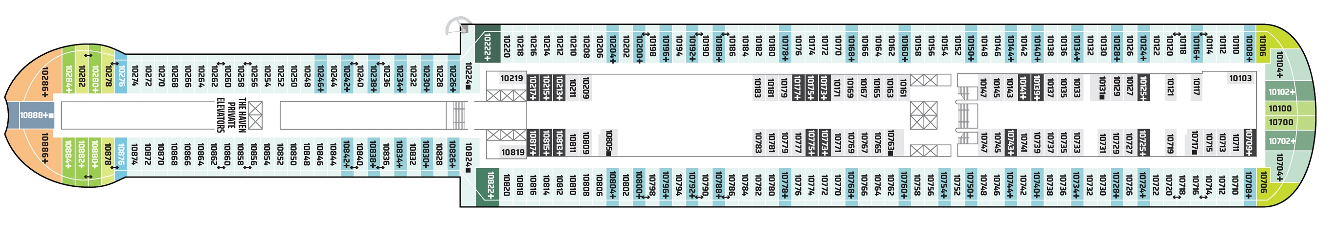 Norwegian Luna, Deck 10: official cabin and venue layout