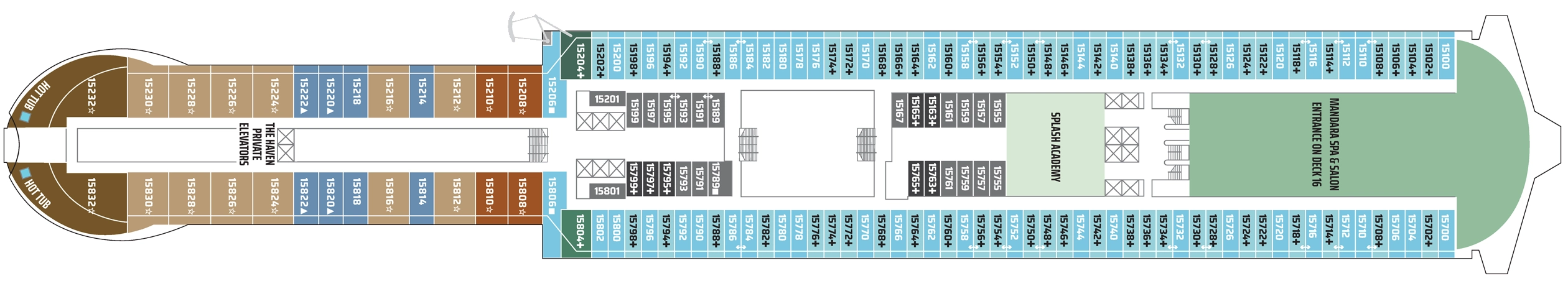 Norwegian Luna, Deck 15: official cabin and venue layout