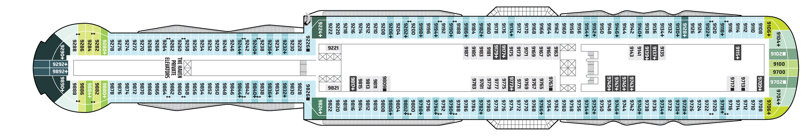 Norwegian Luna, Deck 9: official cabin and venue layout