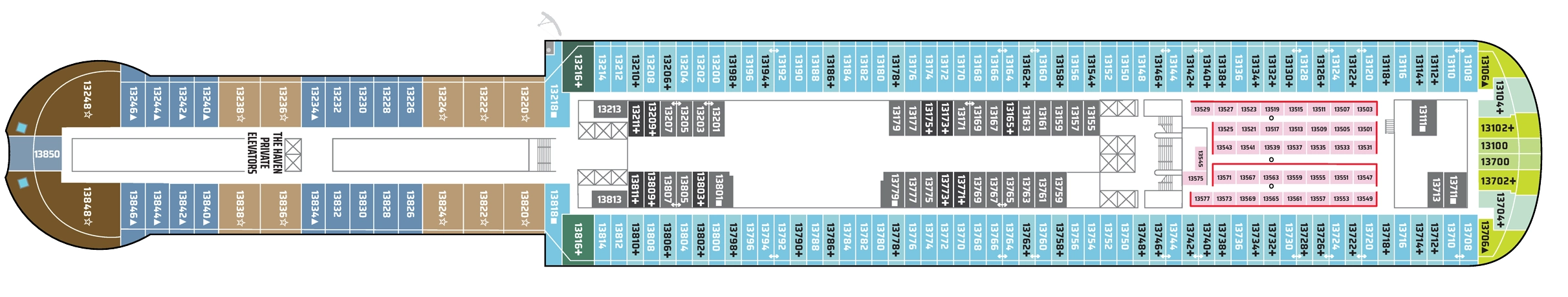 Norwegian Luna, Deck 13: official cabin and venue layout