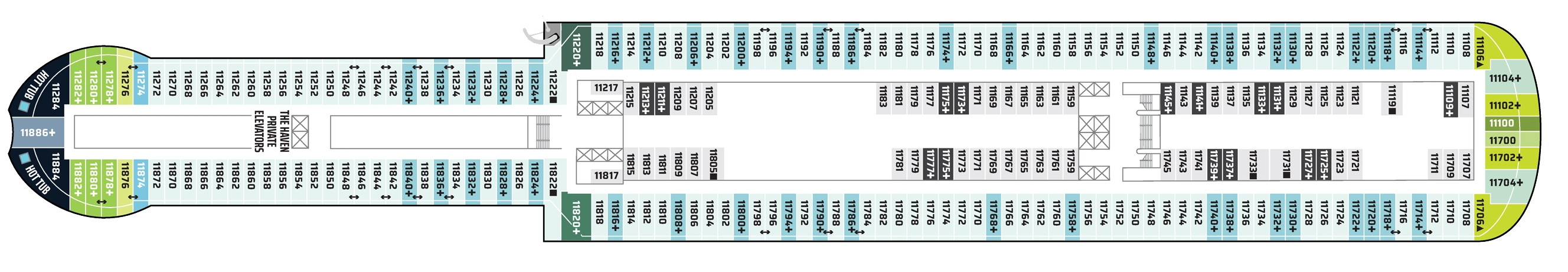 Norwegian Luna, Deck 11: official cabin and venue layout