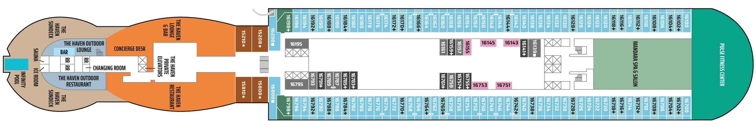Norwegian Luna, Deck 16: official cabin and venue layout
