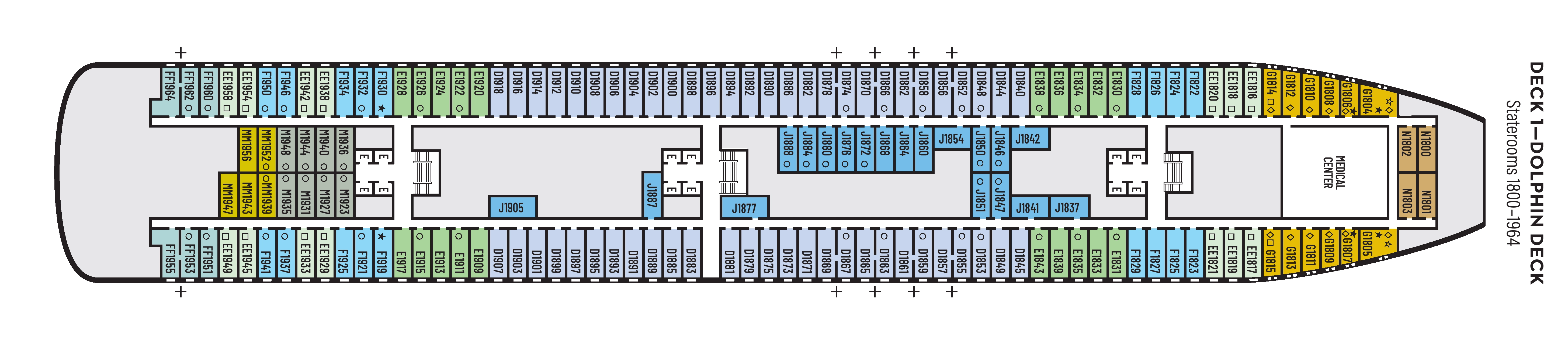 Volendam, Deck 1: official cabin and venue layout