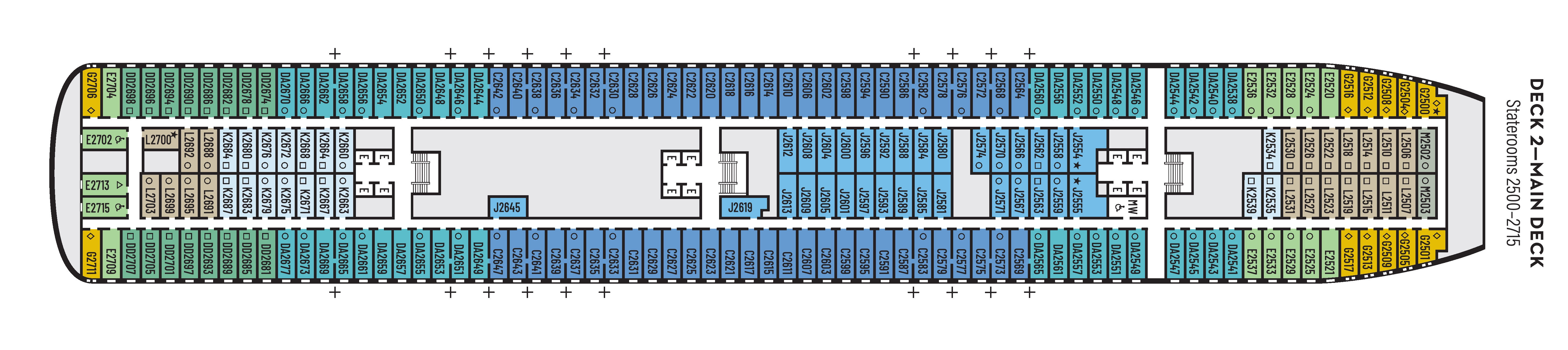 Volendam, Deck 2: official cabin and venue layout
