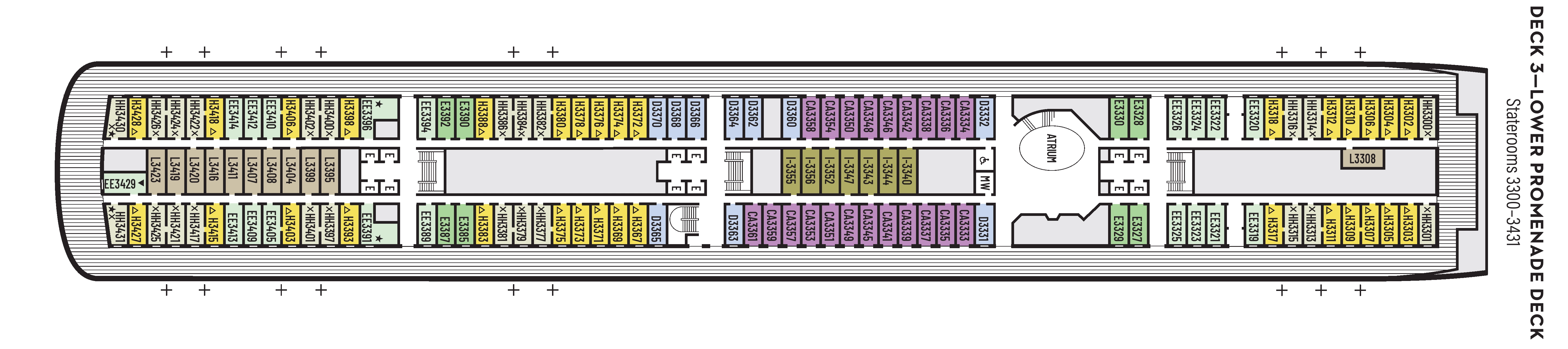 Volendam, Deck 3: official cabin and venue layout