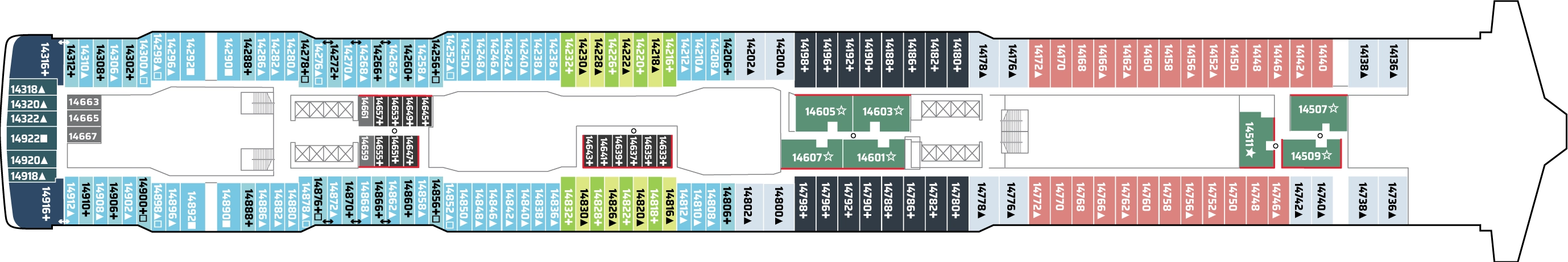 Norwegian Joy, Deck 14: official cabin and venue layout