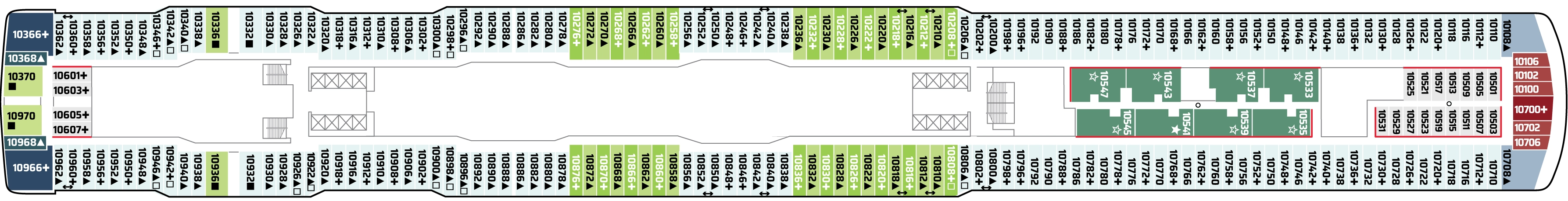 Norwegian Joy, Deck 10: official cabin and venue layout