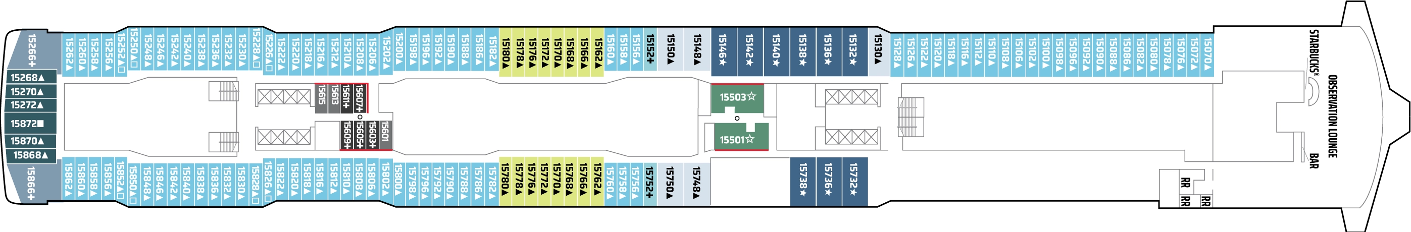 Norwegian Joy, Deck 15: official cabin and venue layout