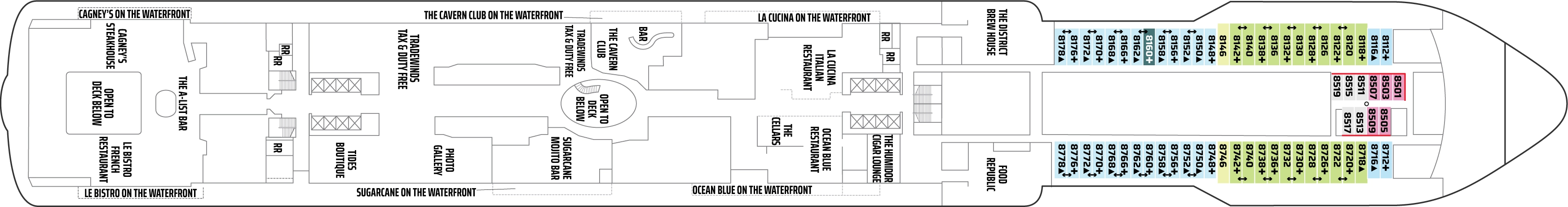 Norwegian Joy, Deck 8: official cabin and venue layout