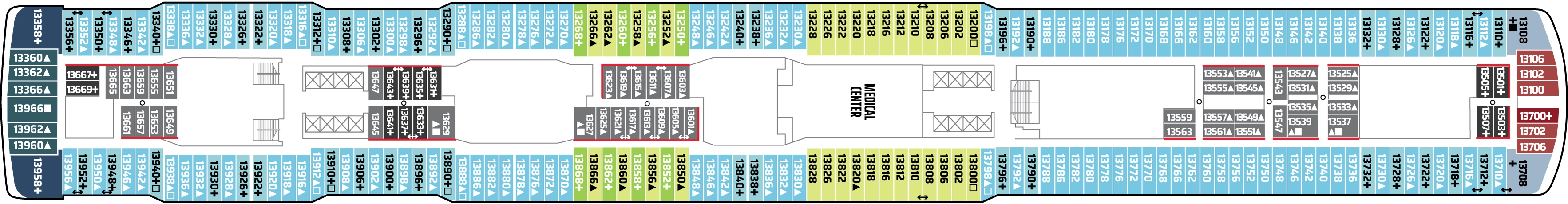 Norwegian Joy, Deck 13: official cabin and venue layout