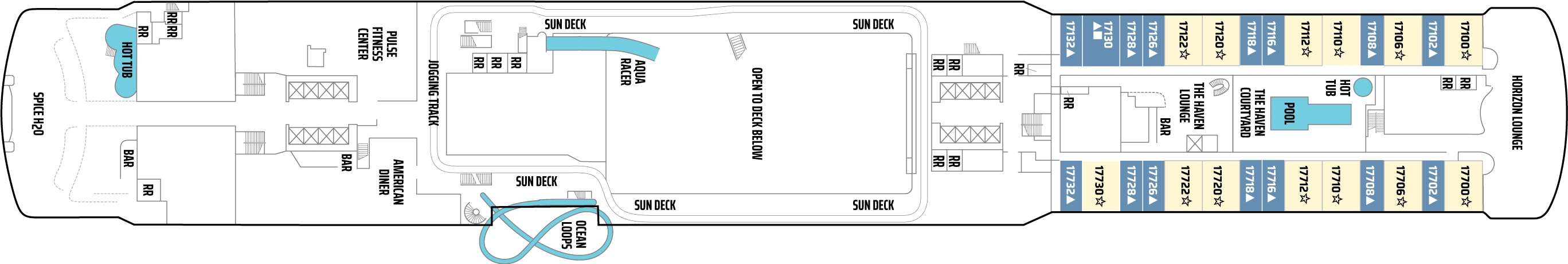 Norwegian Joy, Deck 17: official cabin and venue layout