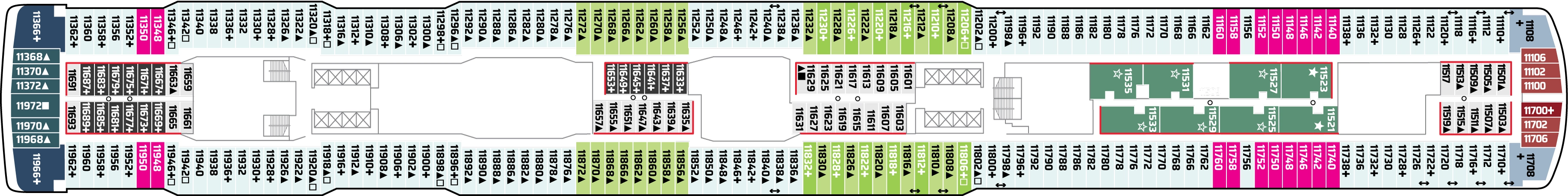 Norwegian Joy, Deck 11: official cabin and venue layout